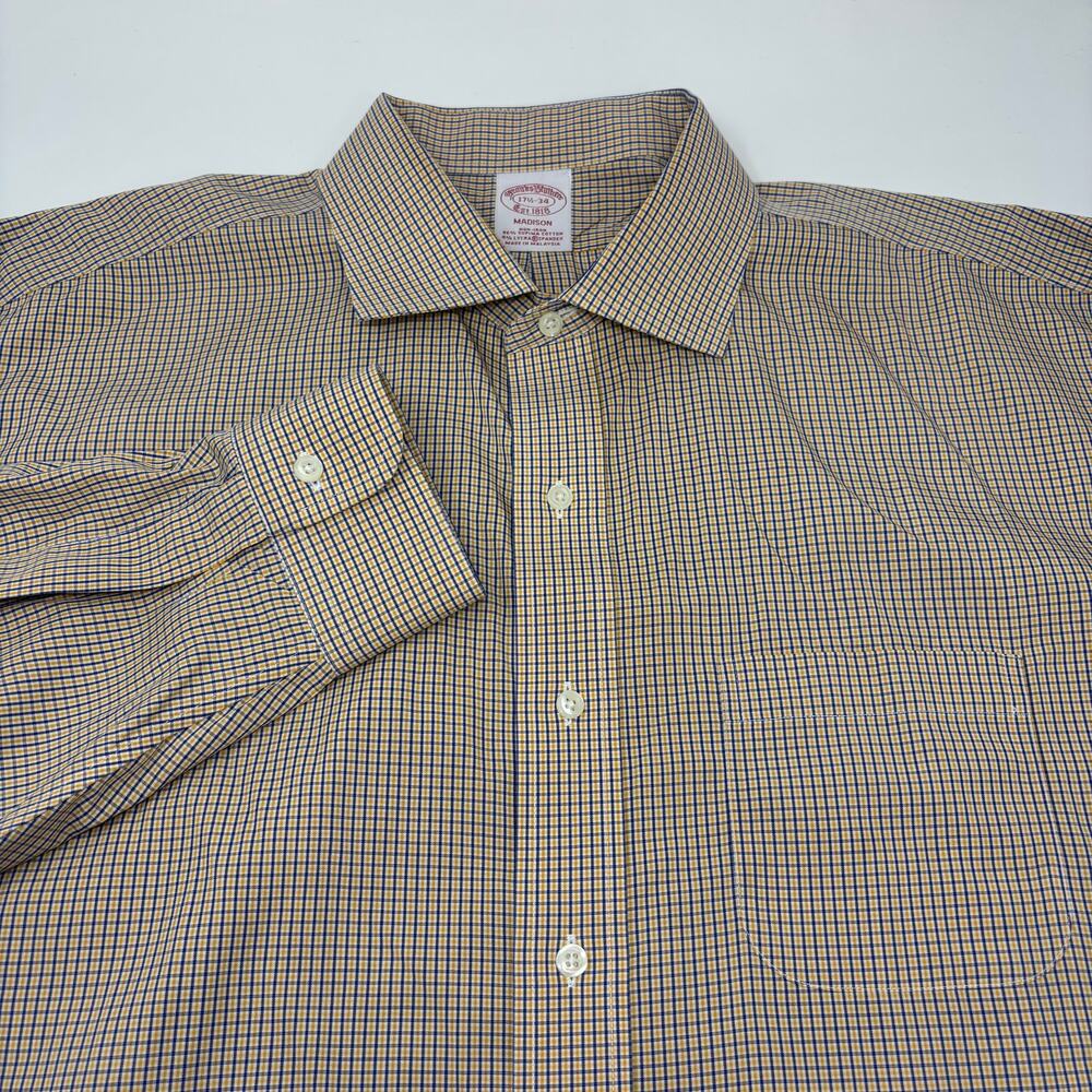 Brooks‎ Brothers 17 1/2-34 Blue Yellow Check Long Sleeve Button Up Dress Shirt